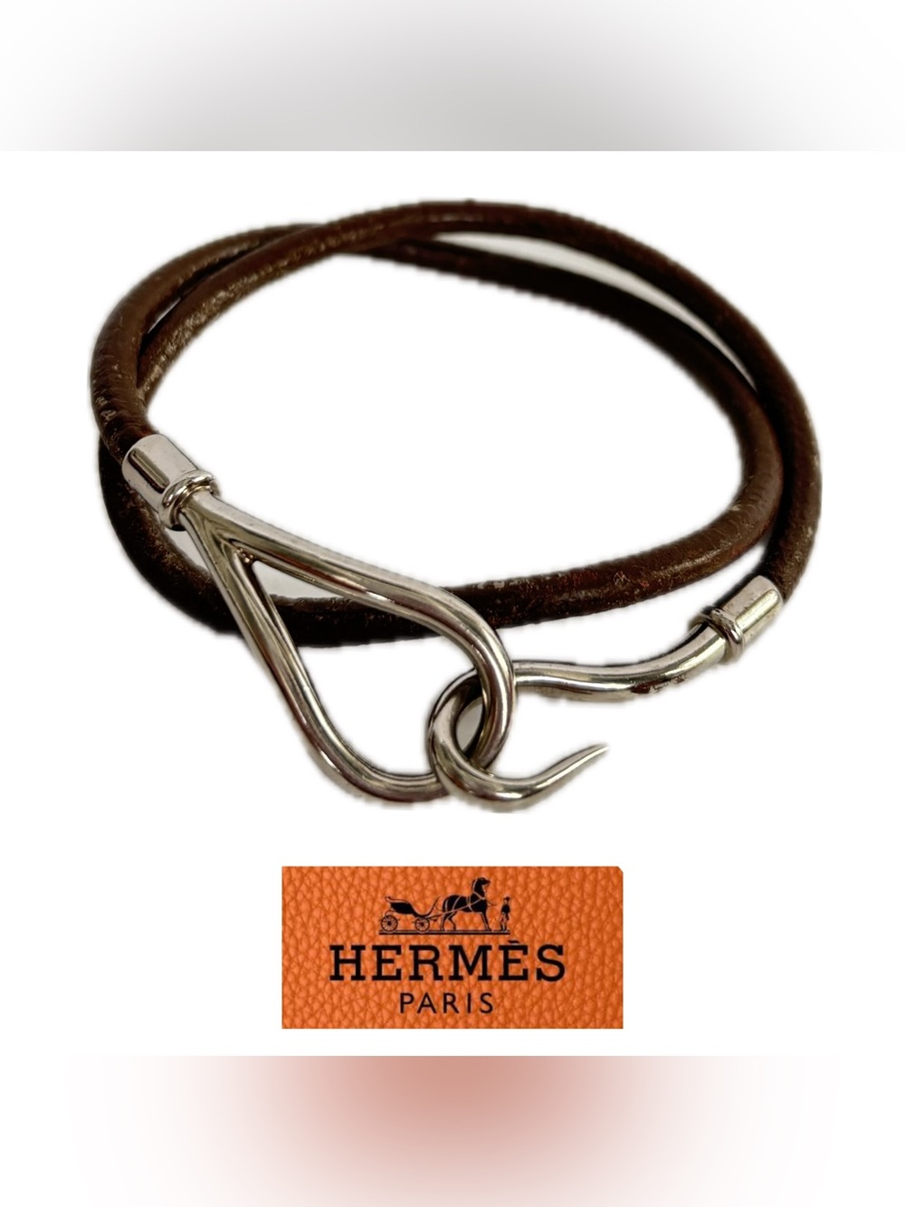 HERMES Jumbo Hook Medium Brown Leather Bracelet